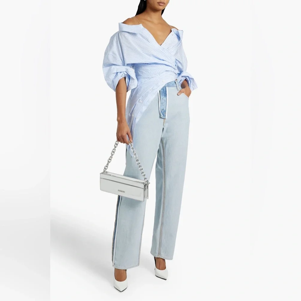 SOLD! Alexander Wang Off Shoulder Asymmetric Striped Mesh Accent Poplin Top 2 - Picture 4 of 17